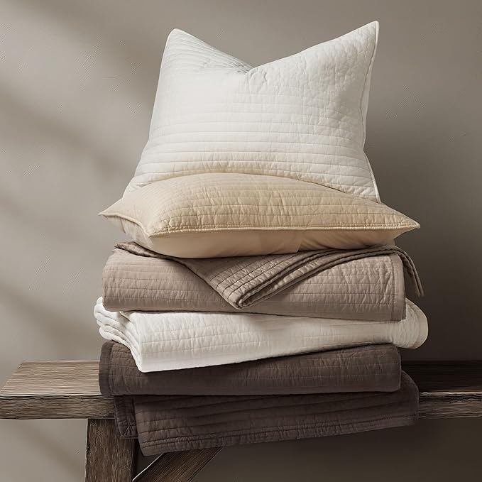 EVERGRACEHOME Cotton Sateen Quilt Set Queen Size, Pre-Washed Cotton Channel Stitch Coverlet Bedspread, 3 Pieces Lightweight Soft Bedding Sets for All Season, with 2 Pillow Shams, Mocha Brown