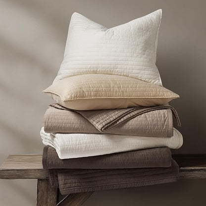 EVERGRACEHOME Cotton Sateen Quilt Set Queen Size, Pre-Washed Cotton Channel Stitch Coverlet Bedspread, 3 Pieces Lightweight Soft Bedding Sets for All Season, with 2 Pillow Shams, Mocha Brown