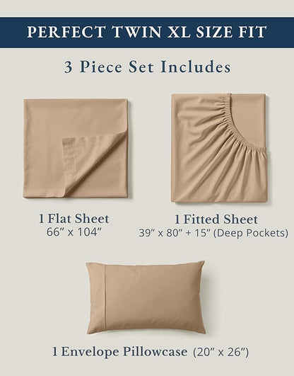 LANE LINEN 100% Organic Cotton Twin XL Sheets Set, Fully Elasticized Bed Sheets Set Twin XL Size Perfetct for Hospital beds, Deep Pocket Soft & Comfy Sheets Set Twin XL Size-Taupe