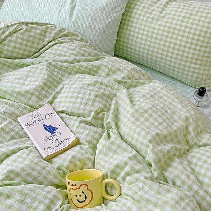 LifeTB Green Gingham Comforter Set Full Modern Style Green Grid Bed Comforter 3 Pieces Vintage Plaid Checkered Comforter with 2 Pillowcases Breathable Farmhouse Gingham Bedding Comforter Set