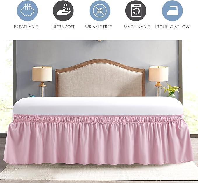 FreshCulture Elastic Wrap-Around Bed Skirt - Twin Bed, 15-Inch Drop, Dusty Pink