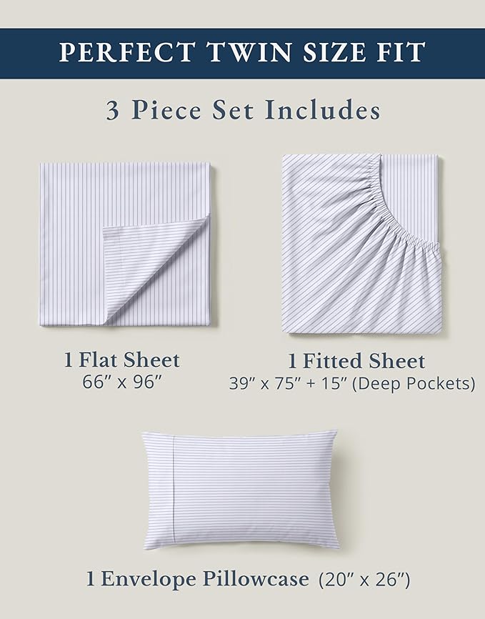 LANE LINEN 100% Organic Printed Cotton Sheets Twin Size, Classic Ticking Stripe Print (Available in Variety of Prints) Soft & Comfy Low Pill Fade Resistant Naturally Cooling Machine wash Twin Sheets