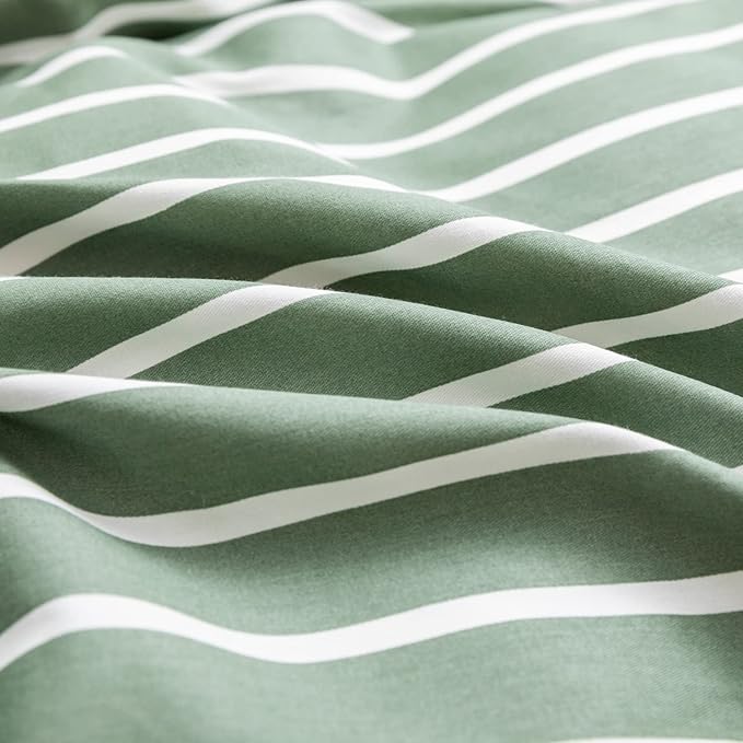 JELLYMONI King Duvet Cover Set, Cotton Duvet Cover 3 Pieces with Zipper Closure, 1 Duvet Cover and 1 Pillowcases(Green with White Striped)