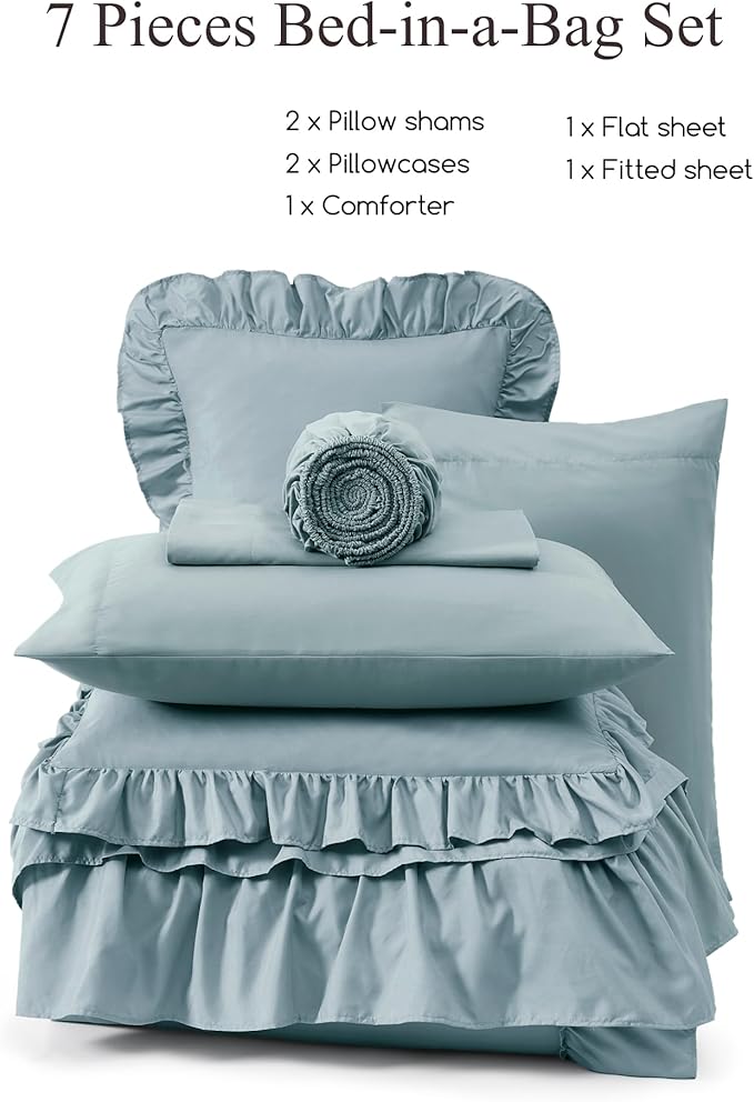 King Size Comforter Set Dusty Blue, Ruffle Shabby Chic Bedding Set Farmhouse 7 Pieces, All Season Fluffy Bed in a Bag with Sheets, Pillowcases & Shams