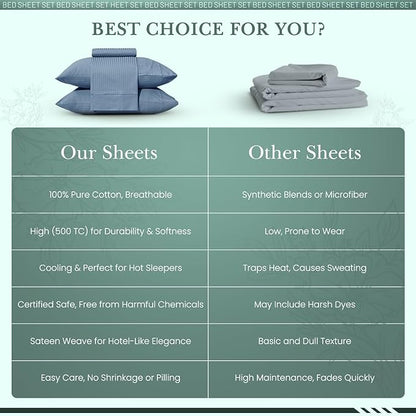 Feather & Stitch 500 TC Queen Size Damask Bed Sheet Set, 100% Cotton Soft Breathable Bedsheets, 4 Piece 18" Deep Pockets Sateen Weave Striped Bedding Mattress Resort Hotel Luxury Décor - (Blue Stripe)