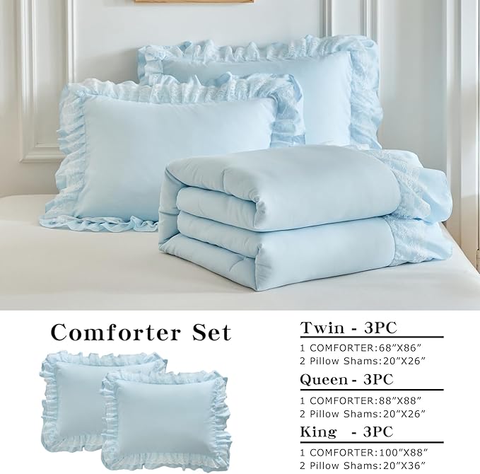 Joyreap King Size Comforter Set Blue, 3pcs Lace Ruffled Bedding Comforter Set, Microfiber Vintage Boho Chic Bedding Set for All Season- 100x88 inches