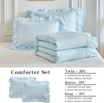Joyreap Queen Size Comforter Set Blue, 3pcs Lace Ruffled Bedding Comforter Set, Microfiber Vintage Boho Chic Bedding Set for All Season- 88x88 inches