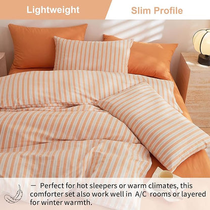 EAVD Vintage Orange Striped Comforter Set Full Soft 100% Washed Cotton White and Orange Vertical Striped Bedding Set with 2 Pillowcases Retro Geometric Pattern Comforter Set for All-Season