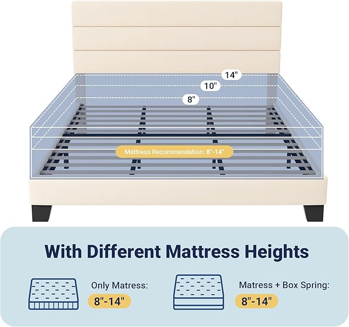 Allewie King Size Platform Bed Frame with Velvet Upholstered Headboard and Wooden Slats Support, Fully Upholstered Mattress Foundation/No Box Spring Needed/Easy Assembly, Cream