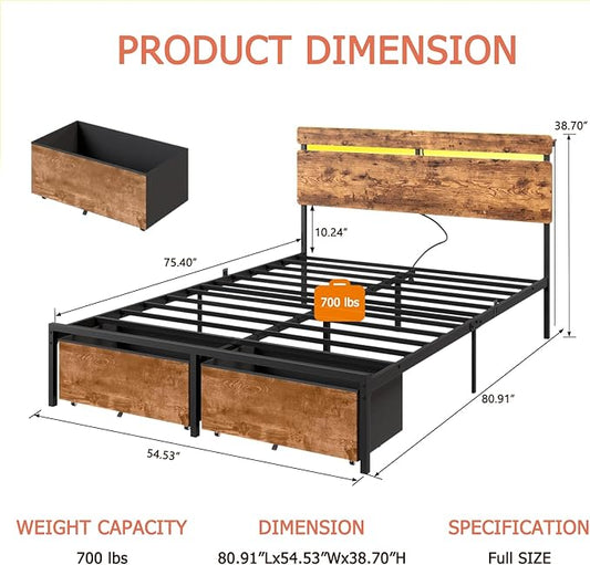 Forestell Full Size Bed Frame with Wood Headboard,2 Storage Drawers & Shelf | Built-in Charging Station & LED Lights, Metal Support, No Box Spring Needed, noise-free, easy assembly, Smart RGB, USB+Type-C