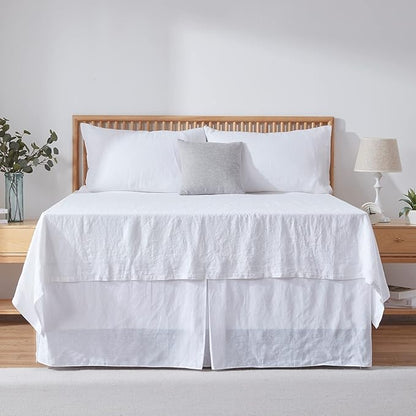 Simple&Opulence Belgian Linen Bed Skirt with Classic 22 inch Tailored Drop Dust Ruffle, Easy Fit Breathable Premium Natural Flax - Basic White, Queen