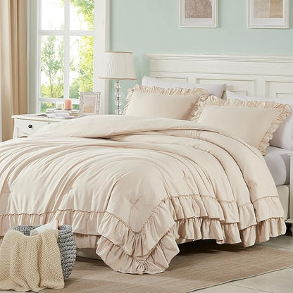 Cupocupa Beige Comforter Set – Twin XL Ruffle Farmhouse Bedding Set – Shabby Chic Fluffy Comforter for All Seasons – Includes Comforter & 1 Pillow Sham (Beige, Twin XL/Twin)