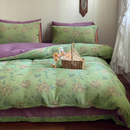 VM VOUGEMARKET Linen Cotton Jacquard Duvet Cover Queen,3 Pcs Yarn-Dyed Textured Duvet Cover Set Green Purple Floral Bedding Breathable, Natural Wrinkled Look-No Comforter