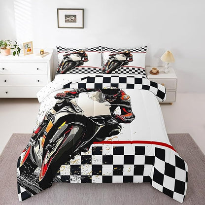 Feelyou Dirt Bike Comforter Set King Size Racing Motocross Rider Comforter for Boys Girls Teens Extreme Sports Bedding Set Flag Duvet Set Room Decor Off White Quilt Set