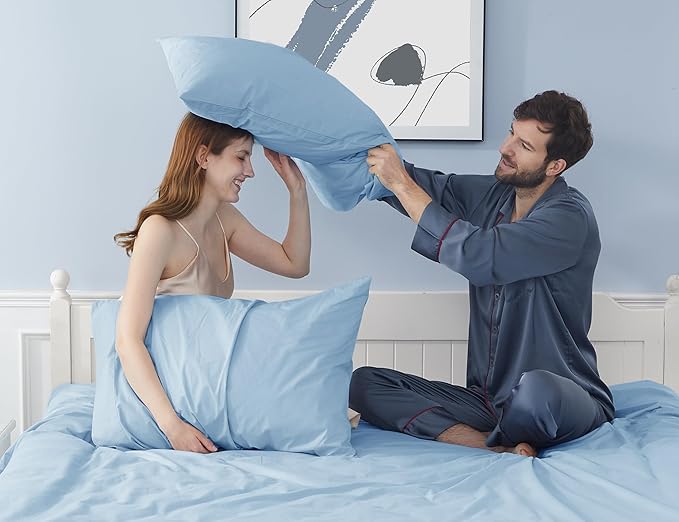 Pillow Cases, King Size Cotton Percale Weave Pillowcases, Pre-Shrunk Breathable and Hypoallergenic Pillowcases, Set of 2 (2 Piece King 20 Inch x 40 Inch, Light Blue)