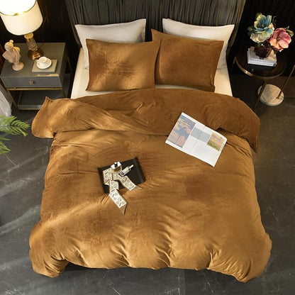 Ivellow Velvet Duvet Cover Queen Set Rust Velvet Duvet Cover Queen Comforter Cover 3Pcs Ultra Soft Duvet Cover Breathable Solid Luxury Flannel Velour Duvet Cover Zipper Closure Corner Tie