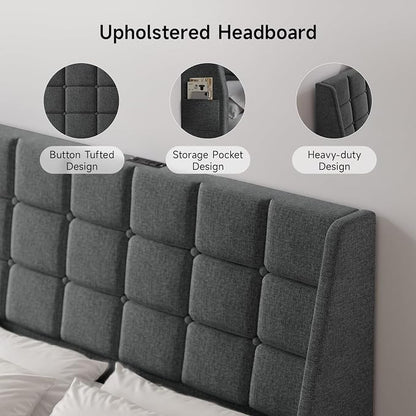 Ergonomic Upholstered Headboard Full Size w/Charging Station, Linen Wingback Headboards w/Storage Pocket, Full Headboard Only, Bed Frame Adapters, Sturdy Stable Solid Wood Bed Head Board, Dark Grey