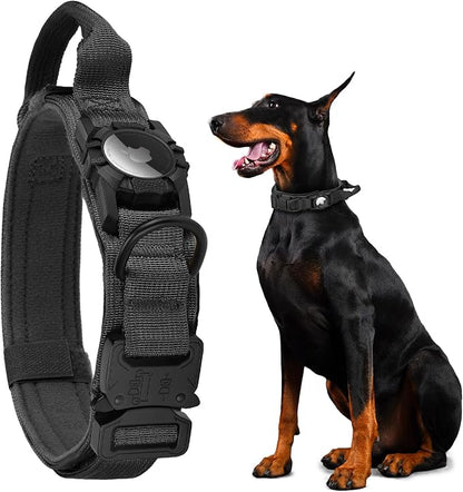 Upgraded Airtag Dog Collar Waterproof, Adjustable GPS Training Nylon | Dog Collar with AirTag Holder, Control Handle and Quick-Release Buckle for Medium and Large Dogs (Black, M)