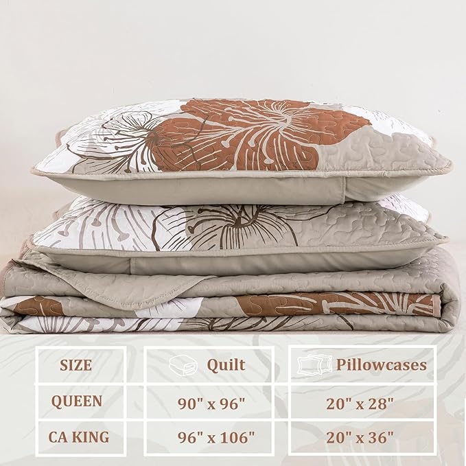 DJY 3-Piece Quilt Set - California King Taupe Boho Floral Pattern Quilt Coverlet Set with 2 Pillow Shams - Lightweight Bedding for Adults (Taupe, 106"x96")