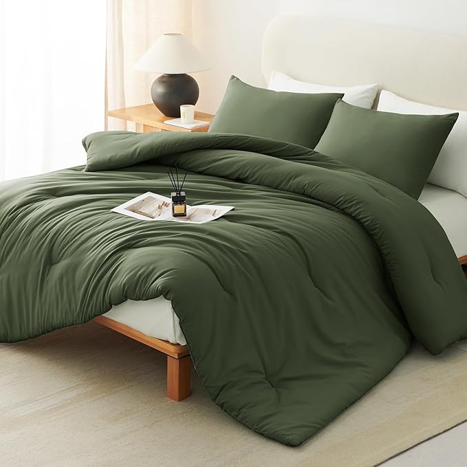 CozyLux King Size Comforter Set Olive Green, 3 Pieces Solid Comforters King Size Breathable Quilted Bedding Sets, Luxury Soft Lightweight Bed Set with Down Alternative Comforter and 2 Pillowcases