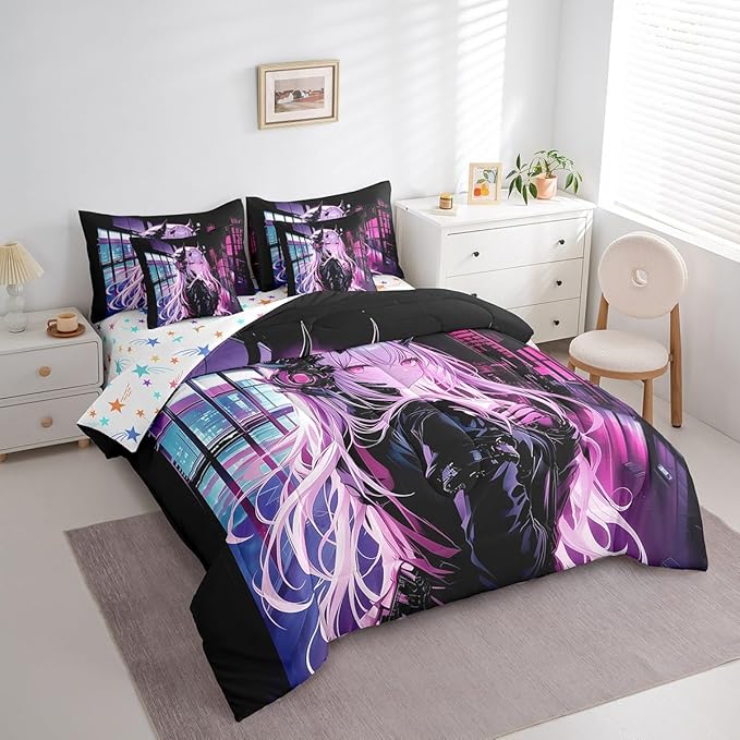 Erosebridal Japanese Anime 7 Piece Comforter Set Queen Size, Anime Girl Bed in A Bag Kawaii Japanese Style Bedding Set Cartoon Japan Animation Bed Set for Boys Teens Adult Women Bedroom Decor