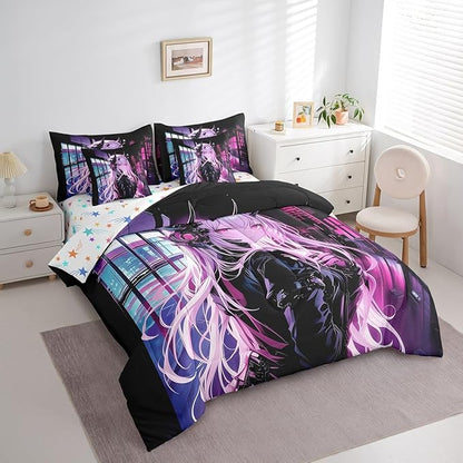 Erosebridal Japanese Anime 7 Piece Comforter Set King Size, Anime Girl Bed in A Bag Kawaii Japanese Style Bedding Set Cartoon Japan Animation Bed Set for Boys Teens Adult Women Bedroom Decor