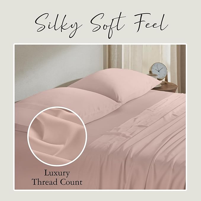 KARISSA MAE Cooling Bamboo Viscose Cal King Sheet Set | 100% FSC Certified | 18” Deep Pocket | Silky, Soft, & Hypoallergenic | with Organizer Band & Elastic Corner Straps [Dusty Rose]