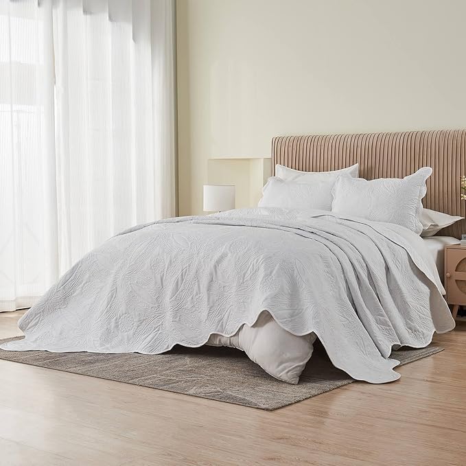 Oversized Cal King Bedspreads 120x120 for Extra Tall Split California King Bed Lightweight Quilted Coverlet Set 3 Pieces 1 Quilt 2 Pillow Shams White