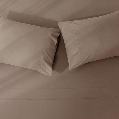 JIYUAN Queen Size Sheet Set, 4-Piece - 100% Washed Cotton, Linen-Like Soft & Breathable, Includes Deep Pocket Fitted & Flat Sheet with 2 Pillowcases, Hotel Quality, Solid Light Brown