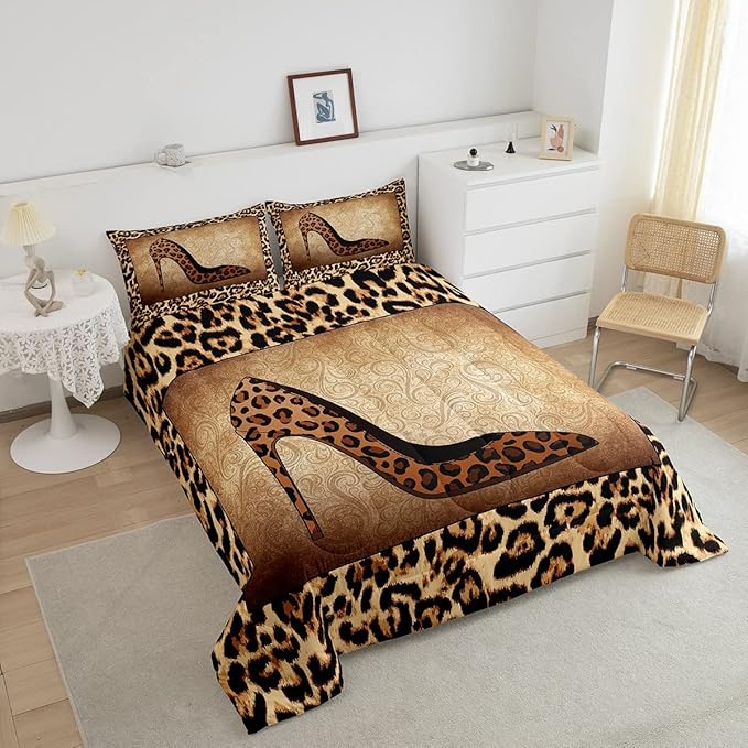 Leopard High Heels Comforter Set King Size Romantic Mandala Floral Bedding Set 3pcs for Kids Girls Women Adult Room Decor Wild Animals Skin Quilt Set Fashion Brown Duvet Insert,2 Pillowcases