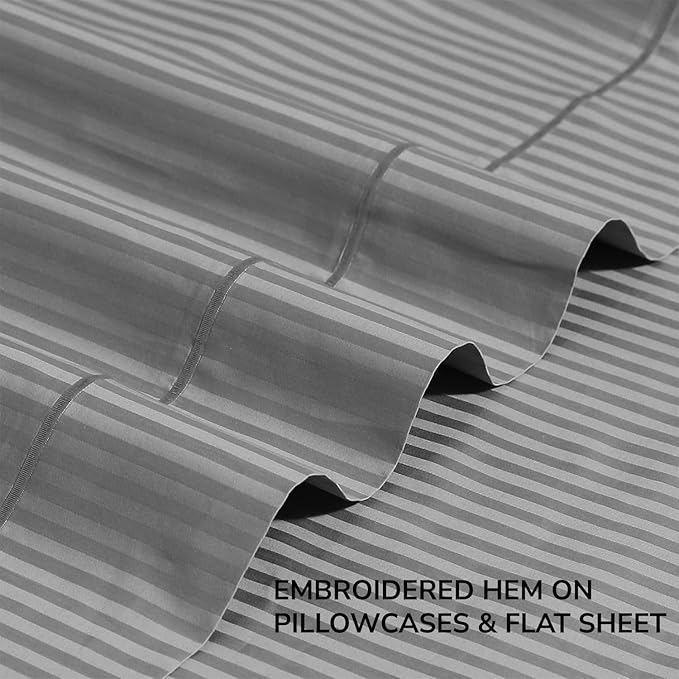 Feather & Stitch 500 TC Split King Size Sheet Set, 5 Piece Bed Sheets Set-2 Twin Fitted Sheet, 1 King Flat Sheet & 2 King Pillowcases, 18" Deep Pockets Sateen Weave Striped Bedsheet - (Grey Stripe)