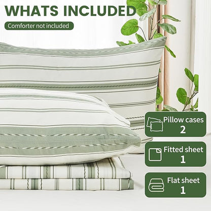 100% Linen Sheets King Size,Breathable & Durable 4-Piece Bed Flax Stripes Sheet Set,Soft All-Season Bedding for Hot Sleepers 16" Deep Pocket Oeko-TEX Certified,（King, Green Stripes）