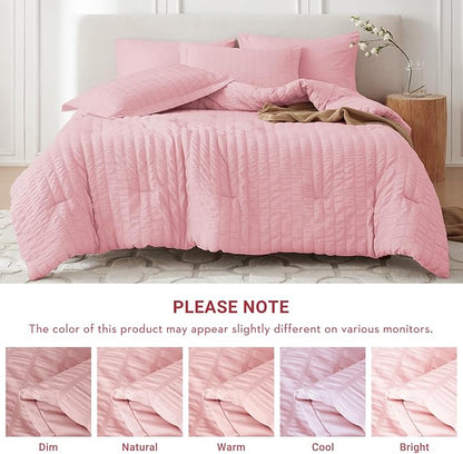 MUXHOMO 7 Pieces Full Comforter Set, Seersucker Bed in a Bag Full Size, All Season Luxury Bedding Set with Comforter, Flat Sheet, Fitted Sheet, Pillowcases & Shams, Pink