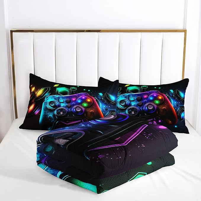 Gamer Comforter Set - Twin Size Video Game Bedding with Neon Gaming Pattern - Ideal for Boys' Gamer Room Decor