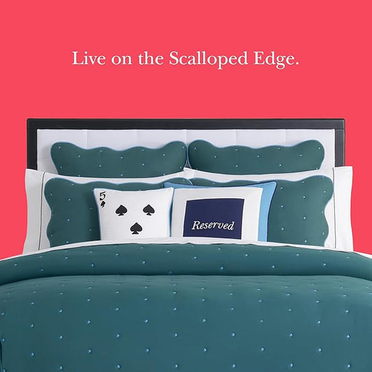 kate spade new york Scalloped Edge 3-Piece King Quilt Bedding Set, 100% Cotton Voile Reversible Cover, All Season Bedding, Machine Washable, Blue Spruce