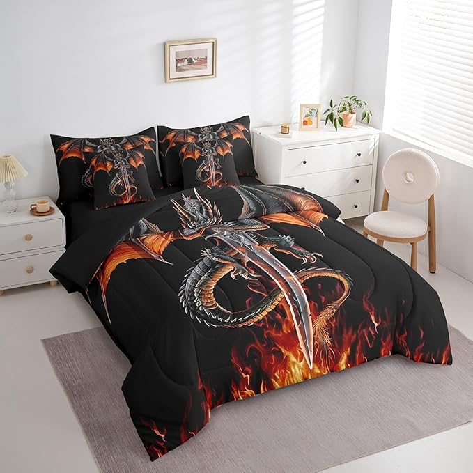 Feelyou Medieval Dragon Comforter Set 7 Pieces Queen Size Sword Fire Pattern Bedding Set for Boys Girls Ancient Wildlife Bed in a Bag with Comforter, Sheets, Pillowcases & Cushion Covers