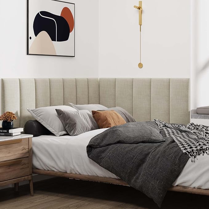 IFNOW Wall Mounted Headboard, Peel and Stick Panels, Beige, Queen | 3D Soundproof Acoustic Padding, Reusable and Removable Tufted fabric Bed Headboard for bedroom (9 Panels, 10" x 24")