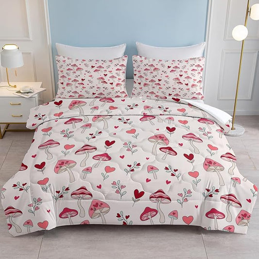 SOULZZZ Pink Mushroom Comforter Set Full Size, Nature Love Plant Trippy Mushroom Bed Set, Hippie Aesthetic Cottage Core 3 Piece Mushroom Comforter Bedding Set Bedroom Decor