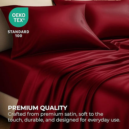 Satin Sheets Twin [3-Piece, Burgundy] Hotel Luxury Silky Bed Sheets - Extra Soft 1800 Microfiber Sheet Set, Wrinkle, Fade, Stain Resistant - Deep Pocket Fitted Sheet, Flat Sheet, Pillow Cases