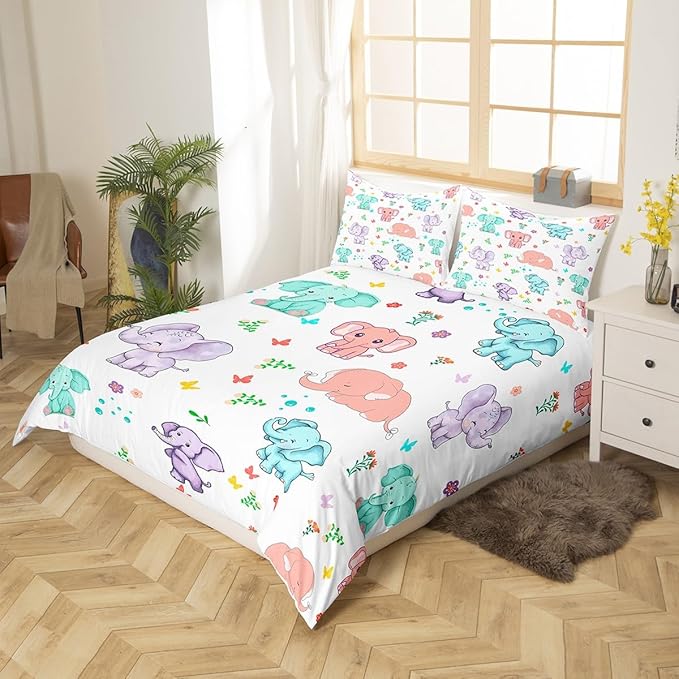 Cartoon Elephant Duvet Cover Twin Size,Watercolor Flowers Leaves Butterfly Bedding Set for Kids Teens,Cute Wild Animal Elephants Comforter Cover Soft Quilt Cover,No Comforter