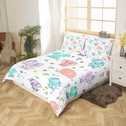 Cartoon Elephant Bedding Set King Size,Watercolor Flowers Leaves Butterfly Duvet Cover with 2 Pillowcase for Teens Adults,Cute Wild Animal Elephants 3 Pieces Decorative Comforter Cover,No Comforter