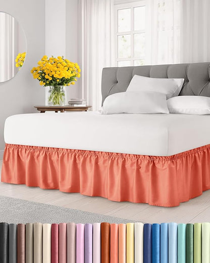 Wrap Around Dust Ruffle Bed Skirt - Coral - for Queen Size Beds with 21 Inch Drop - Easy Fit Elastic Strap - Adjustable Pleated Bedskirt w/Brushed Fabric - Wrinkle Free - for Women, Men, Kids & Teens