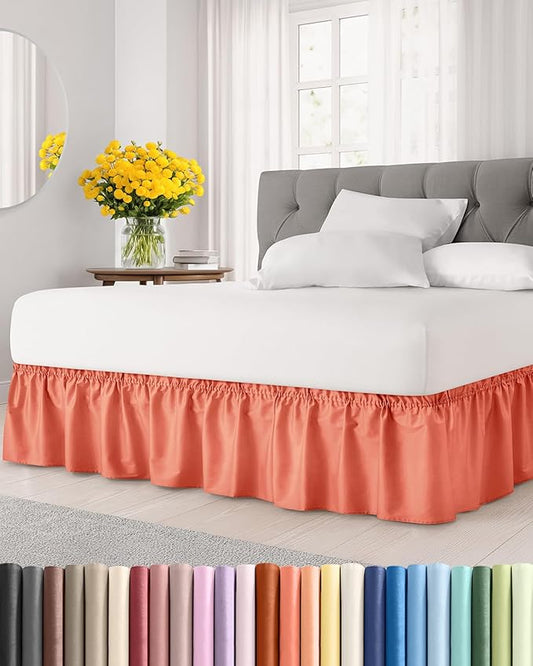 Wrap Around Dust Ruffle Bed Skirt - Coral - for Queen Size Beds with 12 Inch Drop - Easy Fit Elastic Strap - Adjustable Pleated Bedskirt w/Brushed Fabric - Wrinkle Free - for Women, Men, Kids & Teens