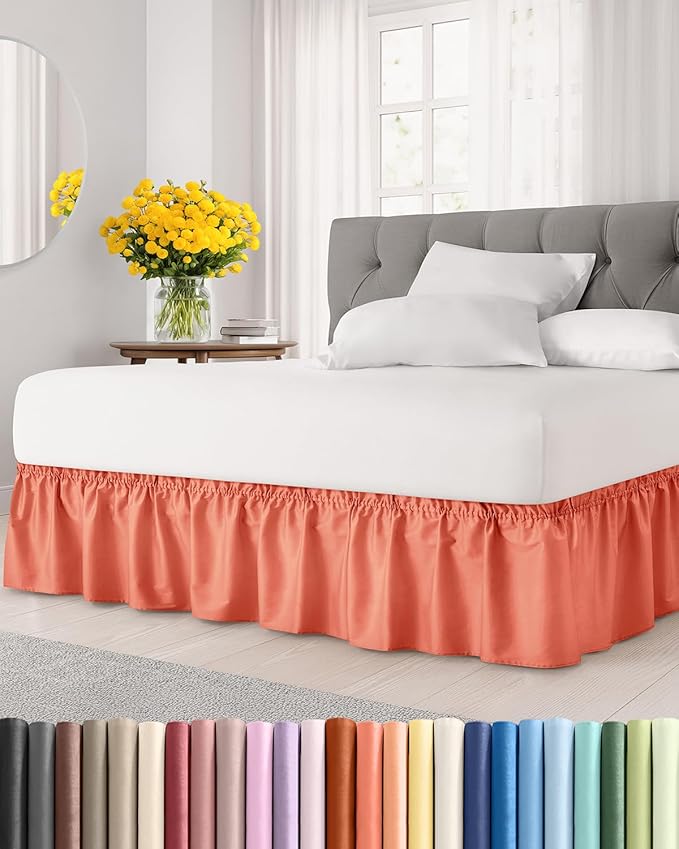 Wrap Around Dust Ruffle Bed Skirt - Coral - for Queen Size Beds with 15 Inch Drop - Easy Fit Elastic Strap - Adjustable Pleated Bedskirt w/Brushed Fabric - Wrinkle Free - for Women, Men, Kids & Teens