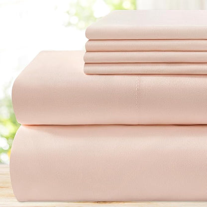 BYSURE 6 Pieces Bed Sheets Set(Queen, Peach) - Hotel Luxury Super Soft 1800 Thread Count 100% Microfiber Sheets with Deep Pockets, Wrinkle & Fade Resistant