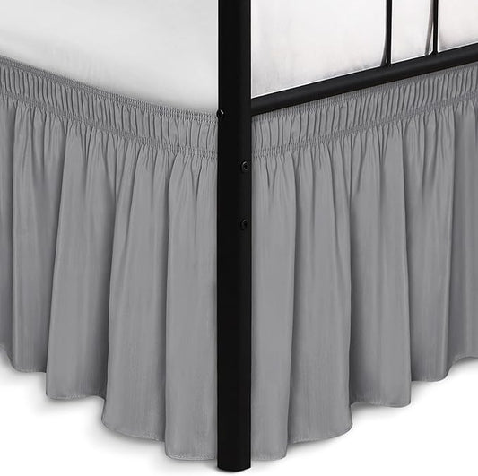 Biscaynebay Wrap Around Bed Skirts with Split Corners for Queen Beds 16" Drop, Silver Grey Elastic Dust Ruffles Adjustable Easy Fit Wrinkle & Fade Resistant Silky Luxurious Fabric Machine Washable