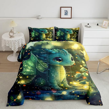 Feelyou Dragon Comforter Set Toddler Size Dragon Stuff Comforter for Boys Girls Teens Kawaii Bedding Set Dragon Decor Duvet Set Room Decor Bright Green Quilt Set