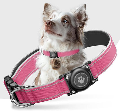 Upgrade Dog Collar with AirTag Holder, IP68 Waterproof, Watermelon red, M | Built-in Water Resistant AirTag holder, 1000D Nylon, Reflective Stitching for Night Visibility, Soft padding for Comfort
