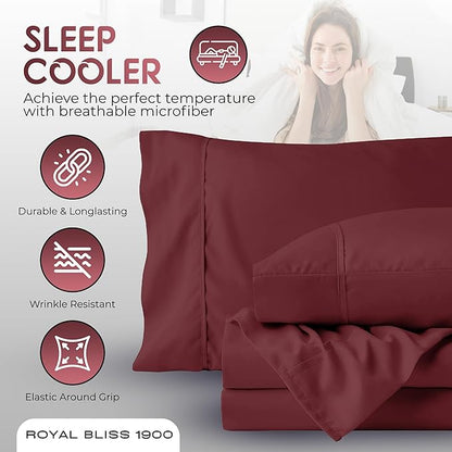 Royal Bliss Double Brushed Queen Sheet Set - 4 Piece Bedding, Deep Pocket, Burgundy