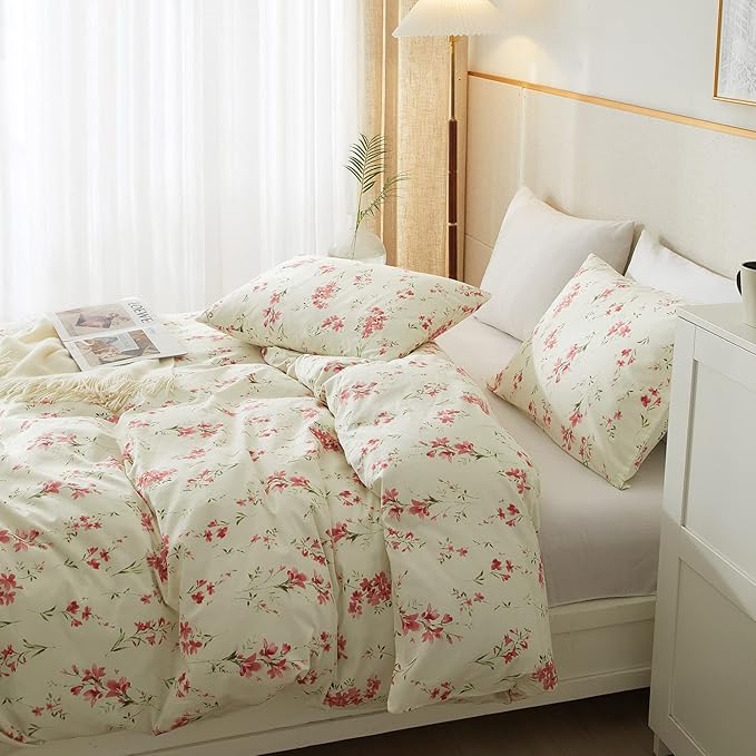VM VOUGEMARKET Cream Comforter Set Queen Garden Flower Comforter with 2 Pillow Shams Girls Botanical Bedding Set Pink Floral Comforter Set 90x90 Inch